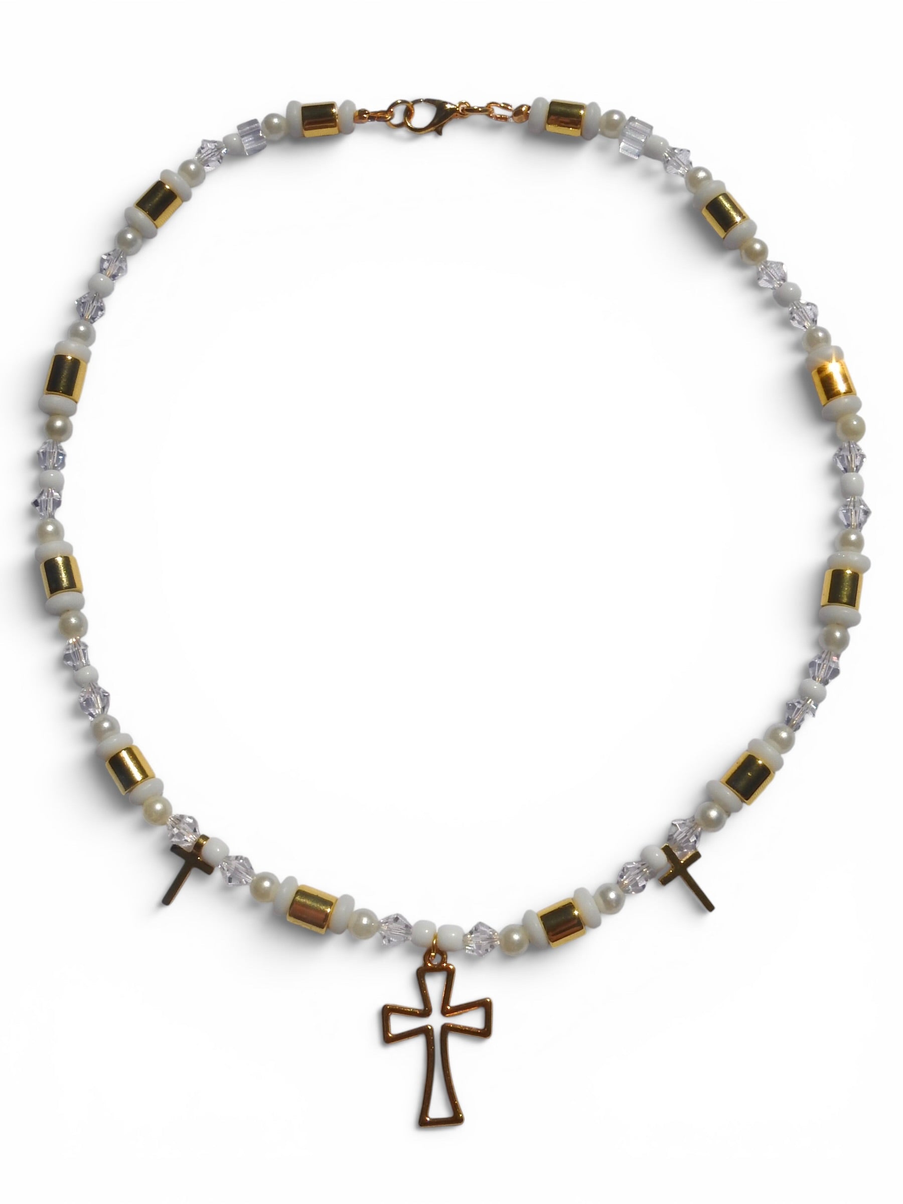 Cross White Beaded Necklace