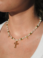 Cross White Beaded Necklace